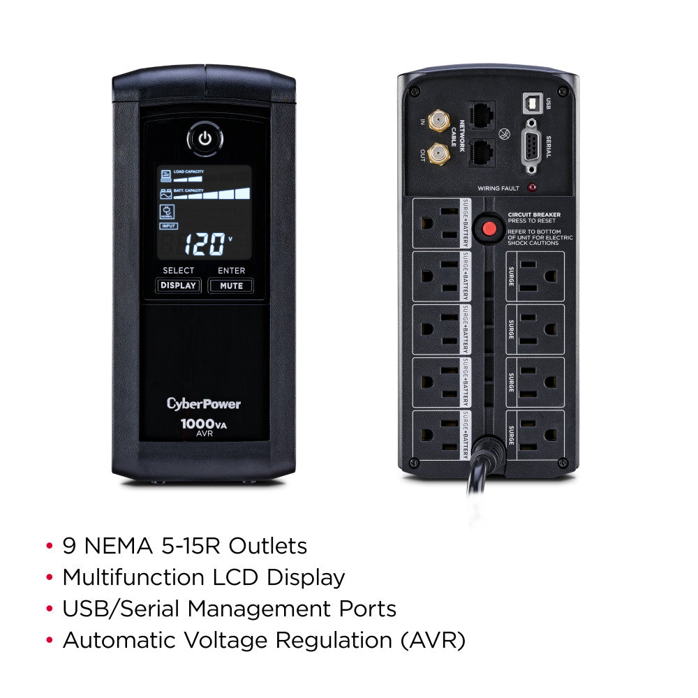 CYBERPOWER 1000VA/600W 1080J W/AVR,DISPLAY 9-OUT,USB/RS232