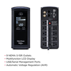 CYBERPOWER 1000VA/600W 1080J W/AVR,DISPLAY 9-OUT,USB/RS232