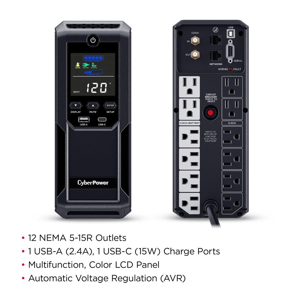 CYBERPOWER 1350VA/815W 1500J W/AVR,DISPLAY 12-OUT,USB-A+C/RS232