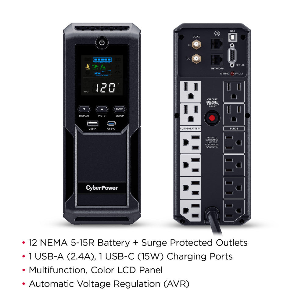 CYBERPOWER 1500VA/900W 1500J W/AVR,DISPLAY 12-OUT,USB-A+C/RS232