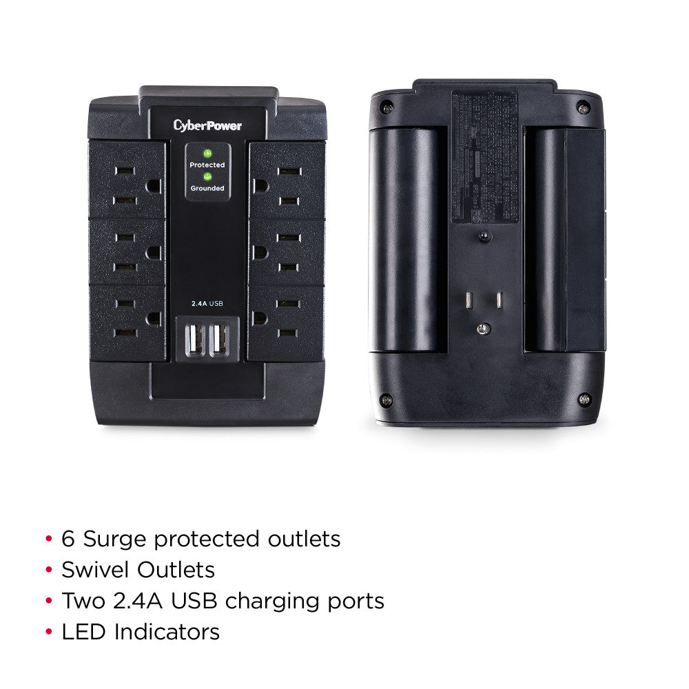 CYBERPOWER WALL TAP SURGE 1200J 6-SWIVEL OUT W/2.1A DUAL USB CHARGE