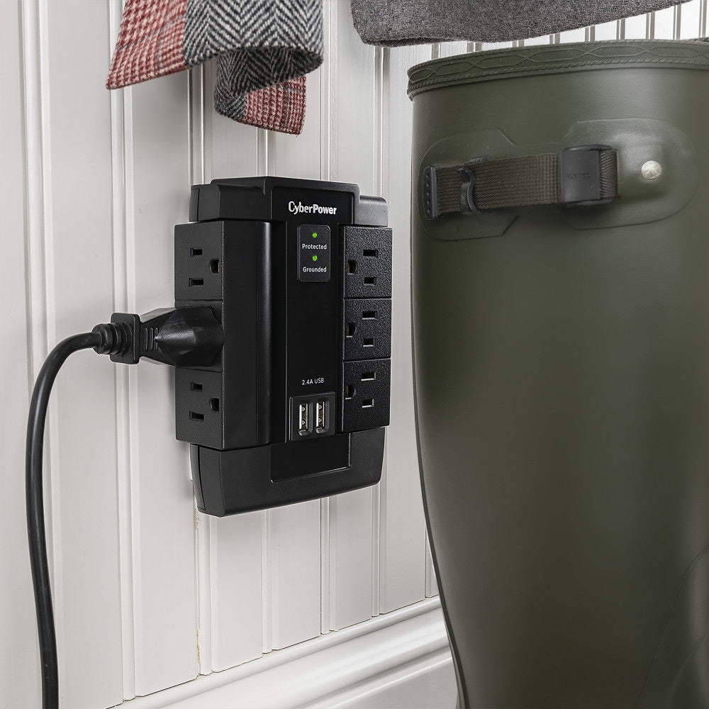 CYBERPOWER WALL TAP SURGE 1200J 6-SWIVEL OUT W/2.1A DUAL USB CHARGE
