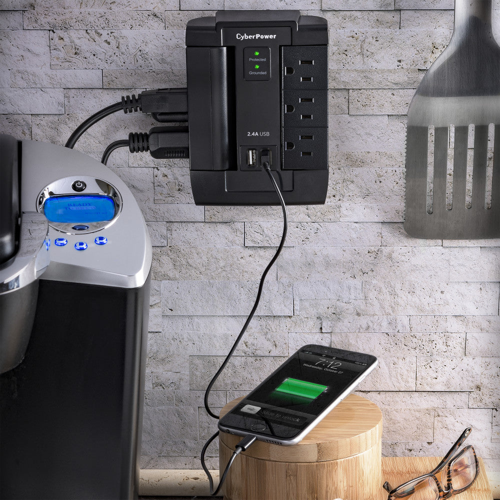 CYBERPOWER WALL TAP SURGE 1200J 6-SWIVEL OUT W/2.1A DUAL USB CHARGE