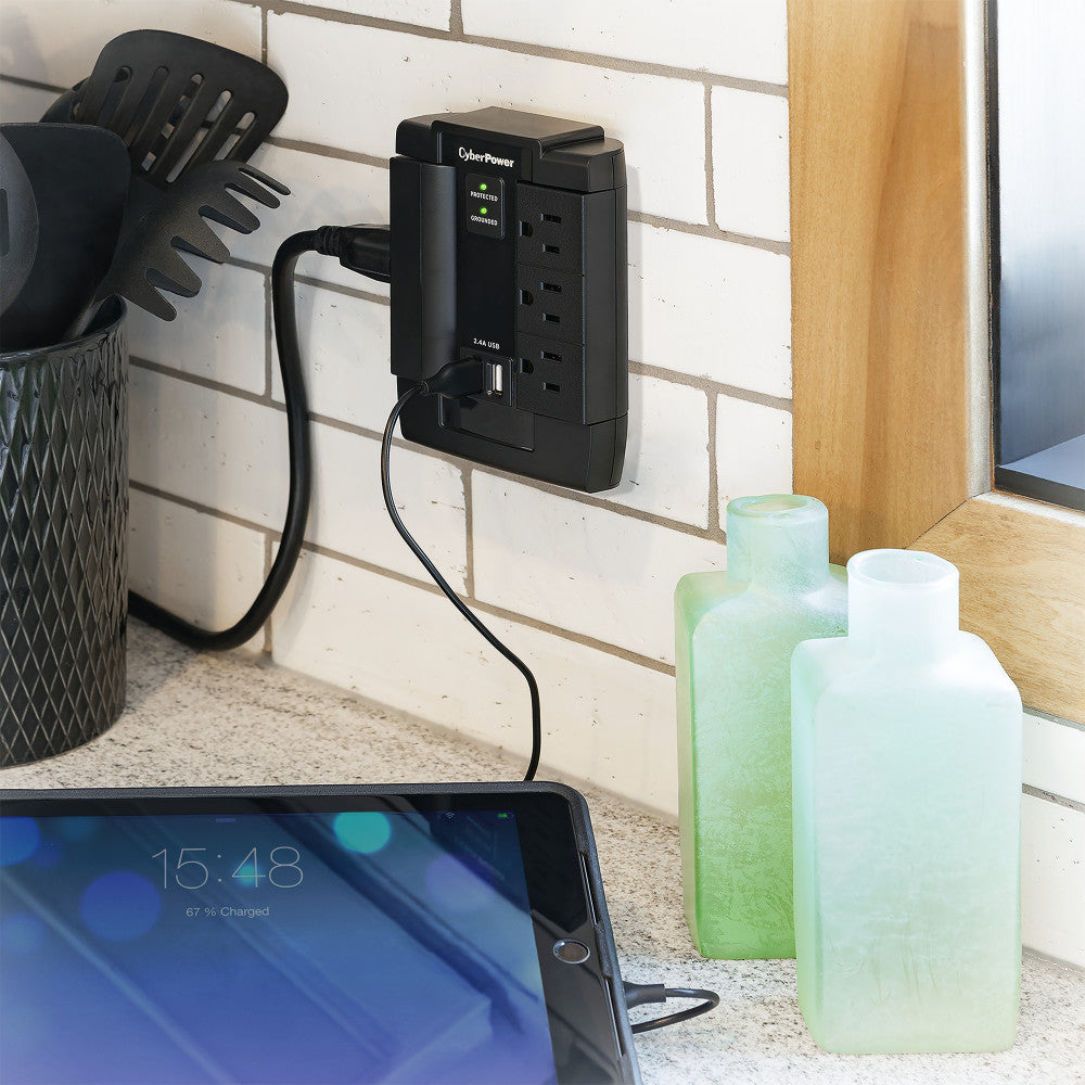 CYBERPOWER WALL TAP SURGE 1200J 6-SWIVEL OUT W/2.1A DUAL USB CHARGE